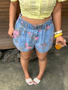Sunnyshic Damen-Denim Shorts in großen Größen mit Blumenmuster, lässig und vielseitig für den Alltag - Helle Waschung - Übersicht 4
