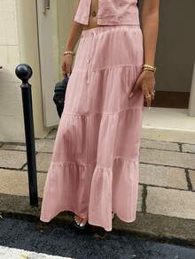 SHEIN EZwear 女款休閒度假多層蛋糕裙，適合夏季 - 粉色 - 查看 5