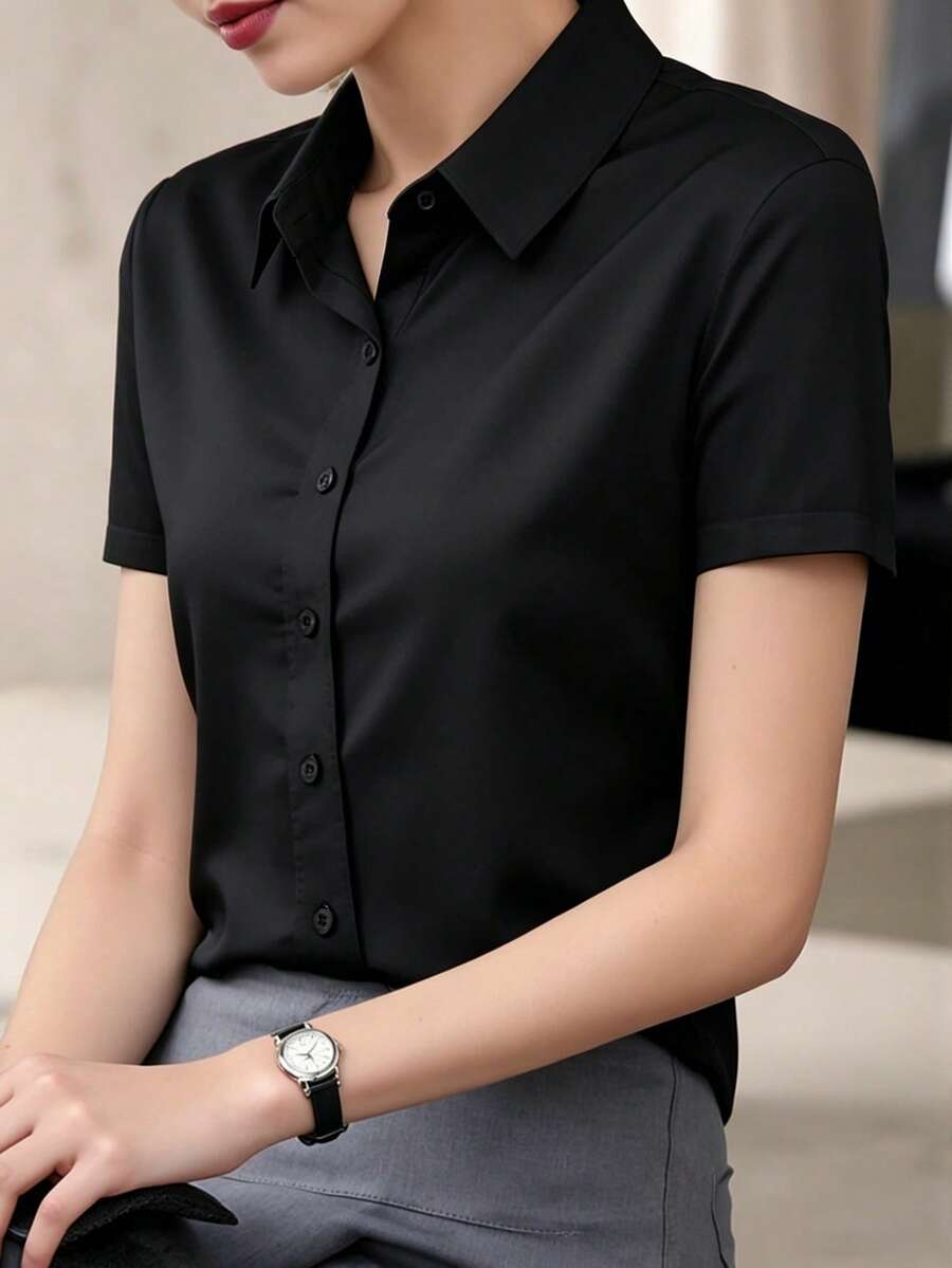 INAWLY 女士纯色简约日常短袖衬衫、短袖上衣 - 黑色 - 查看 1