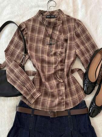 Attitoon Kemeja Wanita Lengan Panjang Motif Kotak-kotak, Kerah Tinggi, Kancing Asimetris, Ikat Pinggang, Model Peplum, Atasan