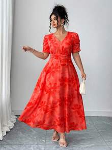 Elenzga Vestido midi de verano talla grande con estampado floral rojo, cuello en V, mangas fruncidas, cintura ceñida y detalle de lazo, manga corta, vestido elegante para vacaciones y uso casual, adecuado para vacaciones en la playa y regalo de despedida de soltera - Rojo - Ver 1