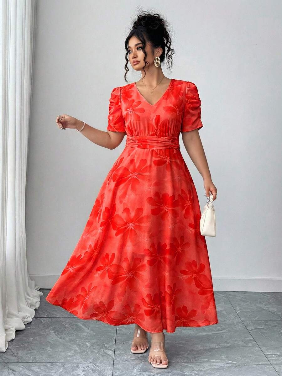Elenzga Vestido midi de verano talla grande con estampado floral rojo, cuello en V, mangas fruncidas, cintura ceñida y detalle de lazo, manga corta, vestido elegante para vacaciones y uso casual, adecuado para vacaciones en la playa y regalo de despedida de soltera - Rojo - Ver 1