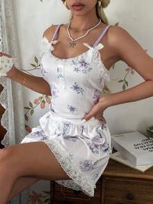 CottageSlumber Romantic Floral & Butterfly Print Lace Patchwork Knit Camisole Women's Pajama Set - Multicolor - View 4