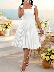 Fleurora Women's Solid Color Applique Pleated Elegant Sleeveless Mid-Length Dress Party Day Party Vacation Vacation White Summer Women's Pleated Dress - White - View 5