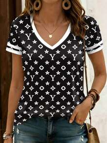 EMERY ROSE Star Pattern Letter & Floral Print Short Sleeve Fashion Plus Size T-Shirt - Multicolor - View 1