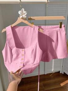 Comfortcana Women's Light Pink Open Front Vest And Shorts 2 Pieces Set Brunch Summer Elegant - Baby Pink - View 3