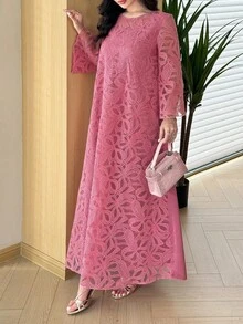 Al Najma Đầm dáng chữ A suông tay lỡ 3/4 cổ tròn thêu 3D dày dặn cho xuân/hè - Hồng - Xem 5