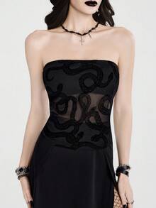 Breakform Gothic Halloween  Sexy Retro, Flocked Mesh Strapless Top Featuring A Gothic Snake Pattern-Perfect For The Cool Girl - Black - View 4