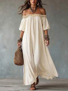 Hotletica Women's Solid Color Patchwork Lace Trim Square Neck Long Dress Wedding Vacation White And Gold Summer Tropical Elegant - Apricot - View 4