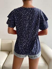 SHEIN Holidaya 女款圓領波點印花荷葉邊短袖襯衫 - 藏蓝色 - 查看 2