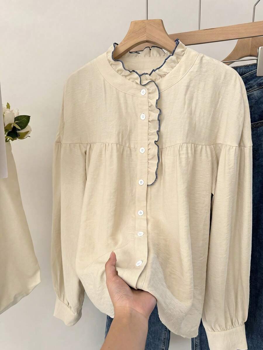Muvela Camisa casual versátil con volantes para mujer - Albaricoque - Ver 1