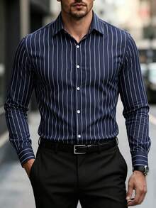 Manfinity Mode Camisa de manga larga a rayas amigable con la piel para hombres - Azul Marino - Ver 1