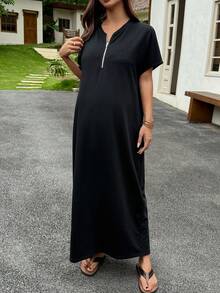 Dazy Maternity 純色圓領半鈕扣前襟寬鬆長版休閒日常孕婦洋裝 夏季 - 黑色 - 查看 6