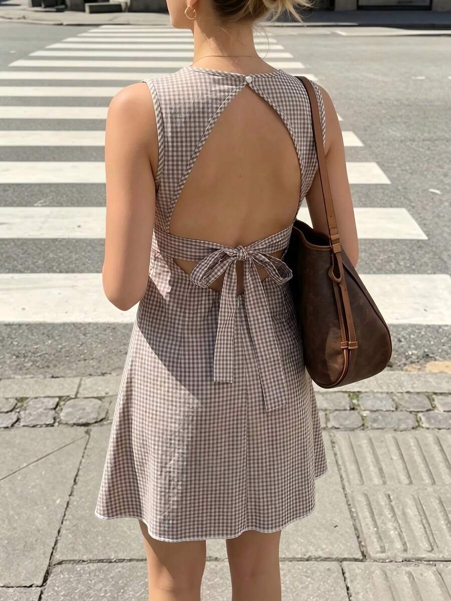 SHEIN PariChic 女款格紋圓領無袖休閒洋裝 - 棕色 - 查看 1