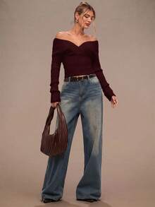 SHEIN BAE Regular Women's Solid Color Off-Shoulder Long Sleeve Fitted Fashion Sweater - Purple - View 5