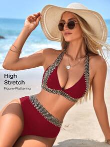 Swim Lushoire Women's Summer Beach Vacation Halter Neck Tie Strap Sexy Fashion Bikini Two-Piece Swimsuit Set Black - Burgundy - View 6