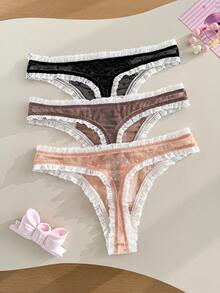 FairyFlirt Women's Lace Patchwork Bow Mesh Comfortable Thong Panties 3-Piece Set - Multicolor - View 2