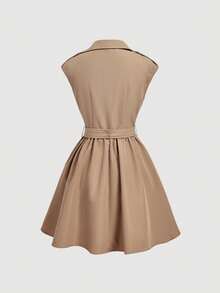 SHEIN MOD Women's Summer Casual Elegant French Commute Everyday Belted Short Dress Khaki Fall Summer Festival  Back To School - Khaki - View 5