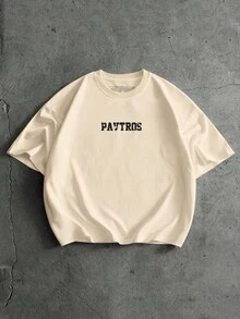 PAVTROS 男士夏季休閒字母與火焰印花圓領短袖T恤 - 杏色 - 查看 4