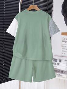 青少年男孩休閒簡約短袖圓領T恤與短褲套裝，適合夏季 - 彩色 - 查看 5