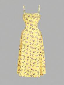 Skyraze Women Bowknot Strap Floral Print Long Dress For Summer,Graduation Dress,Modest Cottage Dresses Picnic Vacation Purple And Yellow.Halloween. School. - Pale Yellow - View 2
