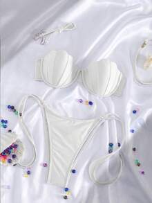 Swim SXY Summer New Cross-Border INS Style Sexy Triangle Tie Bikini Mermaid Shell Design Two Pieces Swimwear For Women, White, Pearl Accessories, Ocean Vacation Bikini Set, Sweet Girl Hot Spring Beach Holiday Bikini Swimwear, Birthday Party - White - View 5