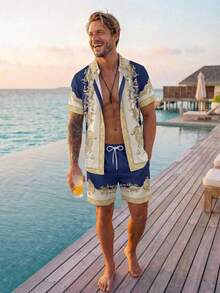 VIVINTIMO Conjunto de camisa y pantalones cortos de vacaciones casuales para hombres con estampado retro de color contrastante - Azul Marino - Ver 3