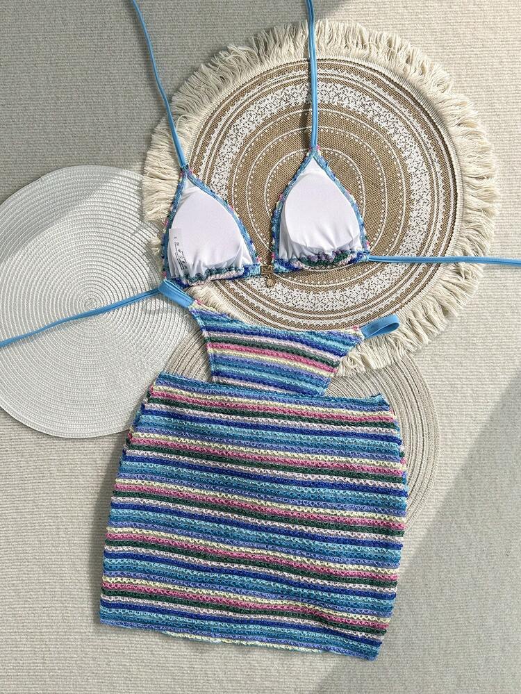 Swim SXY Women's Summer Beach Colorblock Halter Tie Sexy Bikini And Triangle Bottom Two-Piece Swimsuit Set With Mini Skirt - Multicolor - View 5