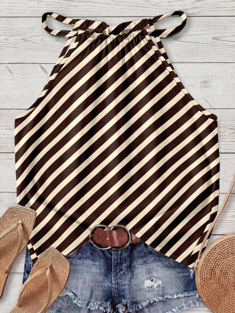 SHEIN LUNE Top de tirantes con cuello halter a rayas para mujer, adecuado para primavera y verano - Marrón - Ver 1