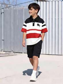 SHEIN Streecool Kids 青少年男孩春夏季2件套，短袖POLO衫 & 長褲，時尚針織條紋動物印花，休閒舒適大口袋長褲，戶外百搭套裝 - 彩色 - 查看 1