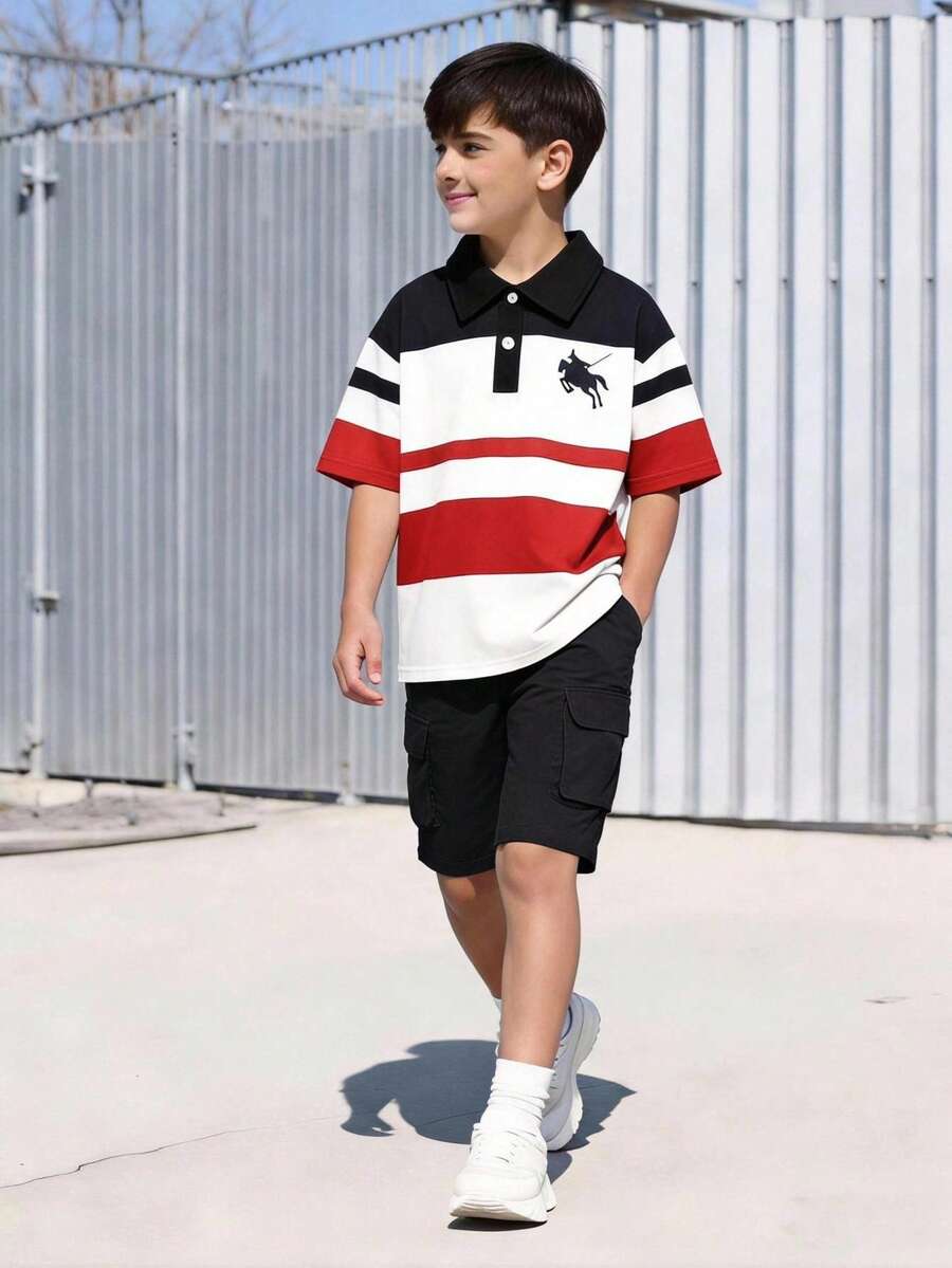 SHEIN Streecool Kids 青少年男孩春夏季2件套,短袖POLO衫 & 長褲,時尚針織條紋動物印花,休閒舒適大口袋長褲,戶外百搭套裝 - 彩色 - 查看 1