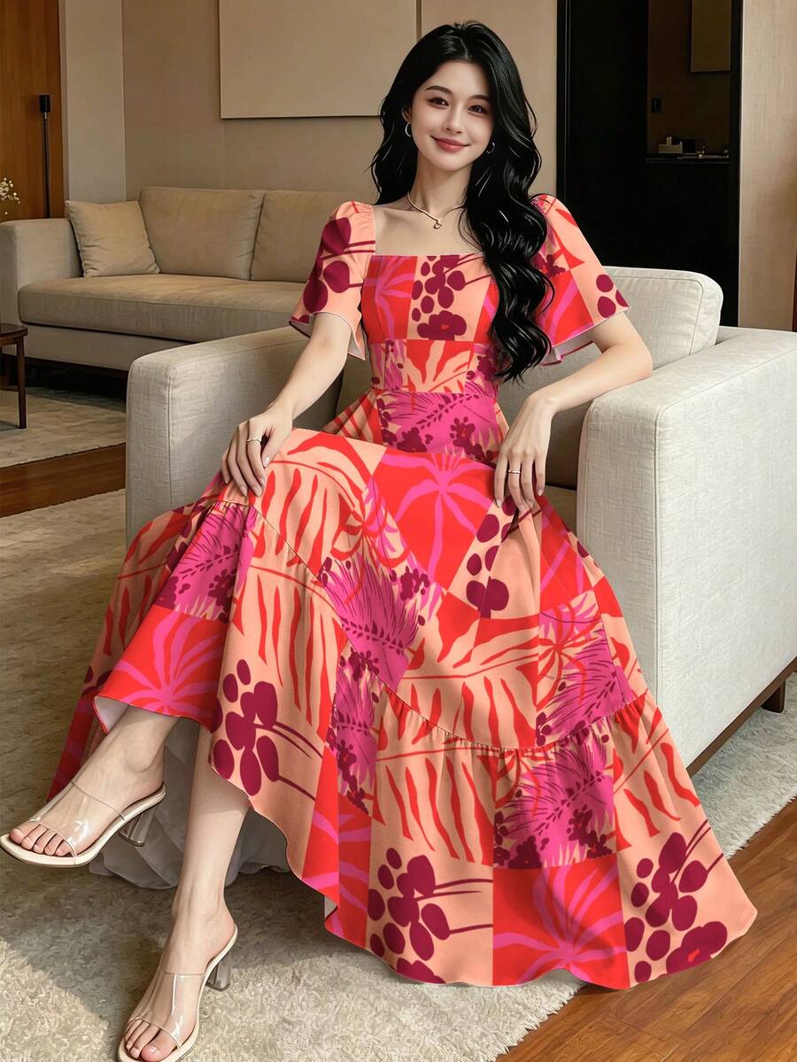 Modelyn 玳瑁色竹紋與花卉剪影印花法式花卉洋裝,女款時尚方領短袖洋裝,下擺荷葉邊拼接設計 - 彩色 - 查看 1