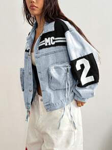 StreetHx Chaqueta vaquera de mujer con bloqueo de color y bordado de letras - Multicolor - Ver 7