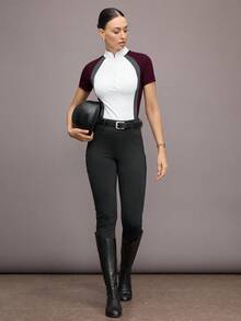 Activina Women's Contrast Color Patchwork Short Sleeve Equestrian Top - White - View 5