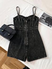 SHEIN PETITE 女款夏季休閒街頭風牛仔細肩帶連身褲 秋季穿搭 外出旅行 日間約會 小碼深色水洗連身褲 - 黑色 - 查看 3