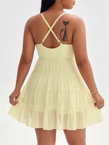SHEIN Dewbera Spring/Summer Plus Size Women's Sports Dress With Spaghetti Straps, Removable Chest Pads, 2 In 1 Design, Mesh Spliced Hem, Built-In Liners And Pockets, Suitable For Daily Casual, Running, Yoga, Gym, Tennis, Golf - Yellow - View 3