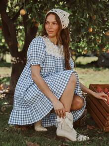 WESTFADE Vestido mini babydoll con mangas cortas abullonadas, volantes escalonados, estampado floral y a cuadros , estilo campestre para mujer, verano, vacaciones, casual, estilo campestre - Azul - Ver 1