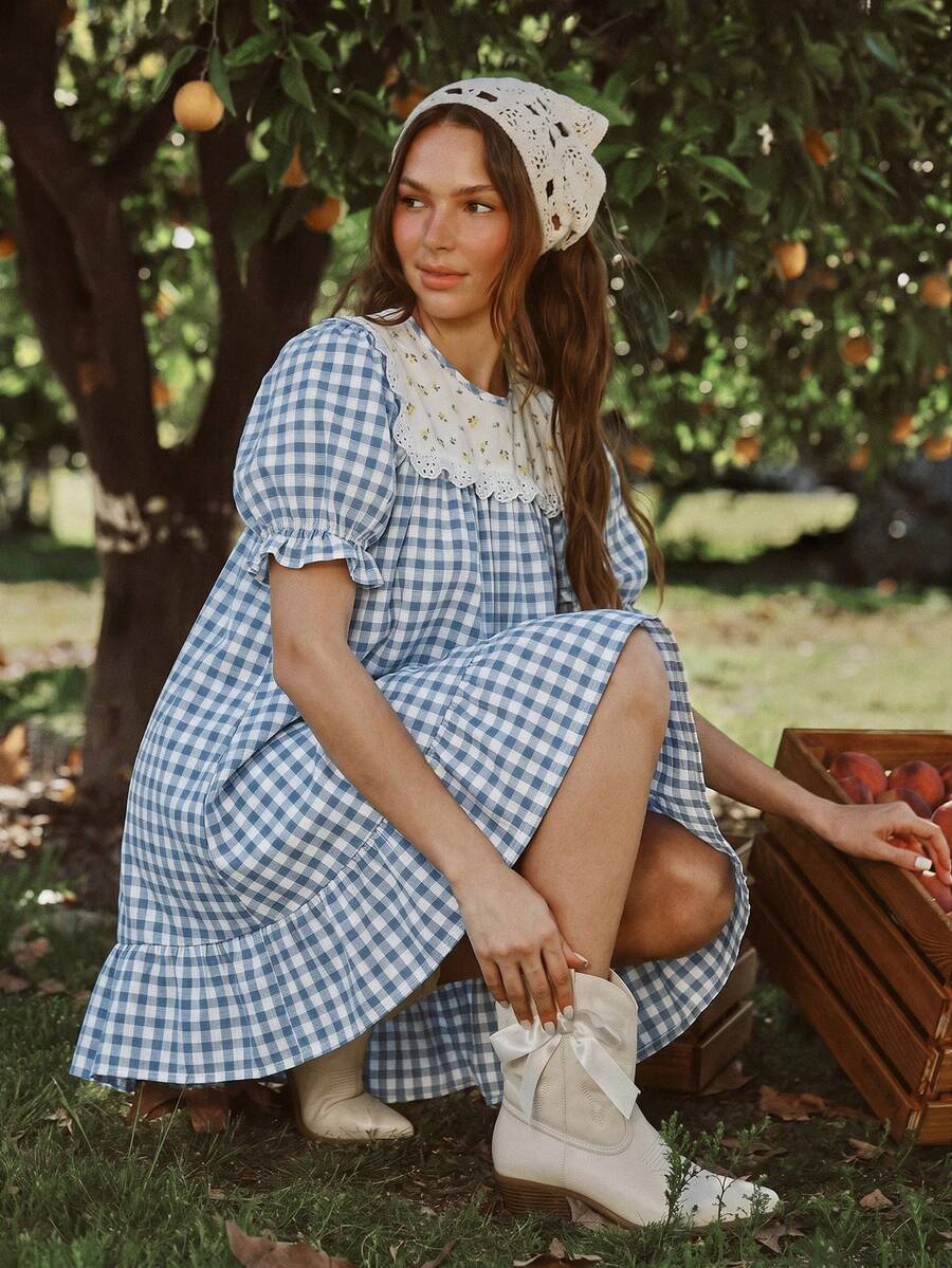 WESTFADE Vestido mini babydoll con mangas cortas abullonadas, volantes escalonados, estampado floral y a cuadros , estilo campestre para mujer, verano, vacaciones, casual, estilo campestre - Azul - Ver 1