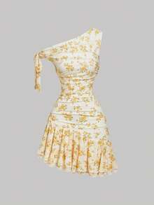 SHEIN MOD Robe mini d'été élégante asymétrique pour femmes avec imprimé floral discret - Jaune citron - Voir 2