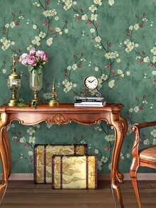 1PC Removable Waterproof Peel And Stick Self Adhesive Vinyl Vintage Olive Green Plum Blossom Branch Pattern Wallpaper For Appliance Furniture Kitchen Cabinet Home Wall Decor Room Background Renovation Easy Install Renter Friendly - olive green - View 2