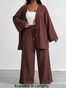 SHEIN PETITE CURVE 大尺碼女款素色綁帶上衣與寬腿褲休閒日常兩件套 - 棕色 - 查看 6