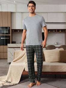 SHEIN Provexi 男士純色短袖上衣與格紋長褲居家休閒套裝 - 淺灰色 - 查看 3
