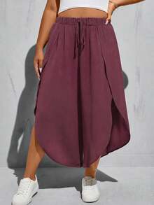 SHEIN Essnce Plus Size Black Elastic Waist High Slit Wide Leg Baggy Pants Summer - Redwood - View 7