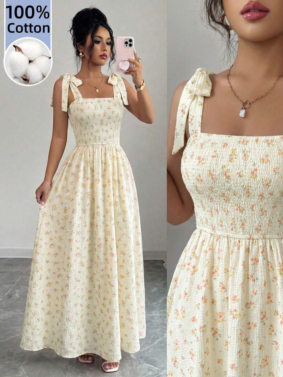 SHEIN Raffinéa 夏季優雅度假風女款印花洋裝 - 黃色 - 查看 1