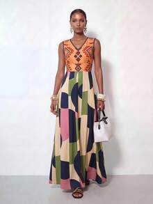Zivah Neues Sommer Boho Urlaubs-Maxikleid für Damen, locker geschnitten, mehrfarbig mit geometrischem Retro-Muster, Rundhalsausschnitt, ärmellos, A-Linie, geeignet für Alltag, Urlaub, Musikfestivals, Reisen, Strand, Party, Flughafen-Outfits, Brunch-Outfits, Boho, Nomadisch, Casual, Pendeln, Abschlussfeier-Outfit, Country-Konzert-Outfit-Z - Verschiedenfarbig - Übersicht 8