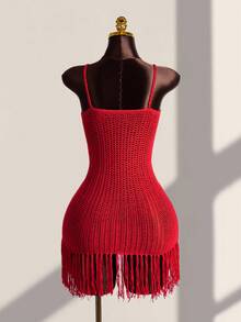 Zestiva Spring/Summer Rainbow Striped Handmade Crochet Hollow Out Tassel Hem Spaghetti Strap Bodycon Mini Dress Beach Vacation Women's Knit Cover-Up Dress - Multicolor - View 2
