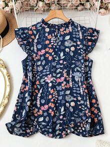 SHEIN LUNE 女款夏季甜美優雅荷葉邊圓領飄逸袖碎花寬鬆襯衫，適合度假與日常穿著 - 藏蓝色 - 查看 3