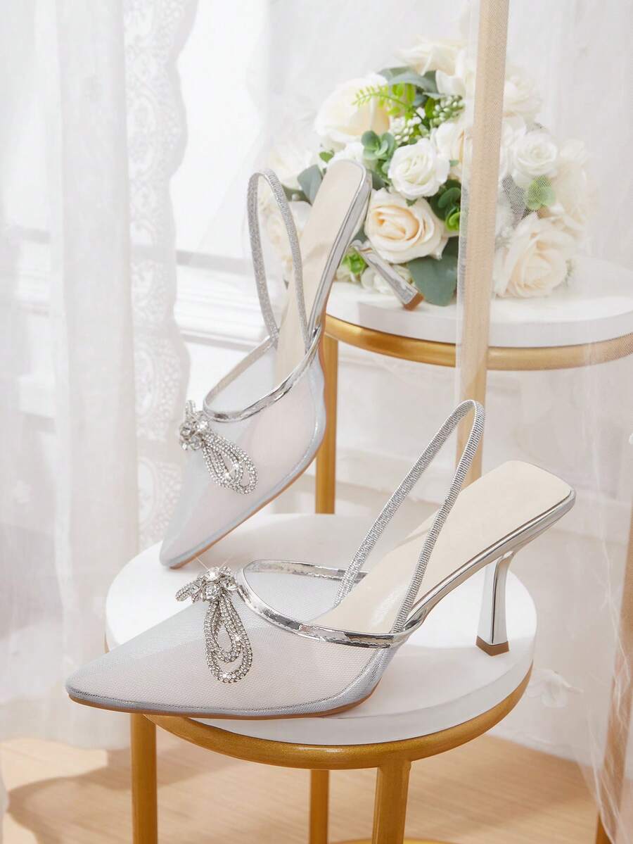 CUCCOO HITCHD Silver Rhinestone Bow Mesh Pointed Back Strap Stiletto Sandals, Banquet Party Wedding Bridesmaid Shoes - Silver - View 1