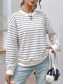 SHEIN EZwear 休閒簡約印花圓領長袖寬鬆女款運動衫 - 彩色 - 查看 6