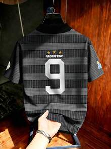Aesthetic Post 男士復古運動風黑灰條紋拼接休閒 Polo 衫，阿根廷街頭風短袖上衣，翻領半袖球衣，男士圖案 T 恤，女士圖案 T 恤，夏季休閒襯衫，足球，足球用品 - 彩色 - 查看 2